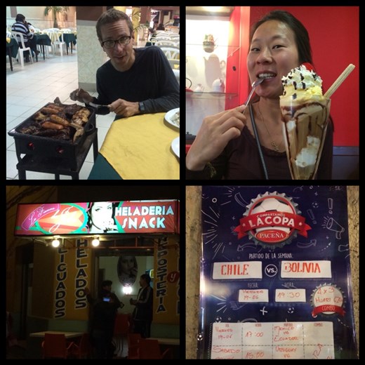 Local food and the Copa America (South American soccer/football 'world cup'). Host country Chile is looking very good! Barbecues are ought to feed a family of 5! And yes, Angelina Jolie makes goooood ice cream!!