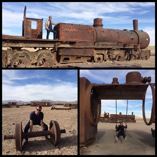 Cimetière de trains. Ces trains servaient à transporter le minerai de zinc et étain et argent de Uyuni à d'autres villes de la Bolivie. Quand les minerais étaient épuisés, ils n'avaient plus besoin des trains du coup ils les ont laissés là au milieu du désert. 