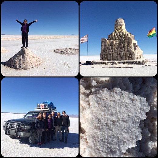 En 2014 et 2015 le Paris-Dakar a eu lieu au salar de Uyuni en passant eagle net par le Chili et l'Argentine. Ca aura lieu du nouveau dans des pays en Janvier 2016 aussi. La jeep avec notre équipe de choc pour ces 3 jours inoubliables!!! :-) On dirait de la neige mais c'est du sel et du sel à perte de vue, trop beau! 