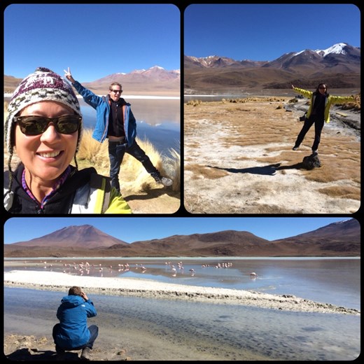 Vous pouvez remarquer nos beaux achats typiques de la Bolivie mais qui nous ont bien servis car il faisait pas mal froid et pas mal de vent parfois. 