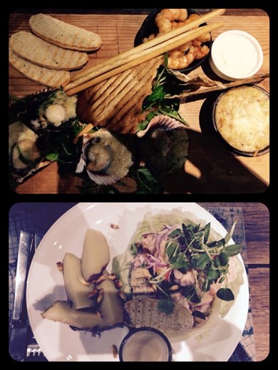 Miam! Cecviche, noix de St Jacques, crabe, et crevettes. Délicieux et frais! Avec bien sûr, une bouteille du vin chilien. C'était notre 6eme anniversaire de mariage quand même 