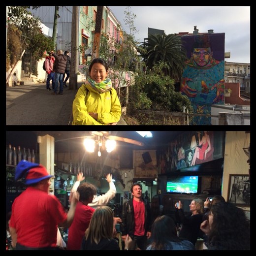 Photo en haut, une rue typique de Valpo avec en plus un peinture murale. En bas, la finale de la copa America. Qui a gagné? Chile-Chile-Chile! On a entendu leurs cris jusqu'à 5h du mat. 