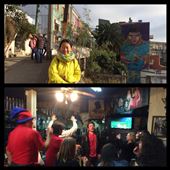 Photo en haut, une rue typique de Valpo avec en plus un peinture murale. En bas, la finale de la copa America. Qui a gagné? Chile-Chile-Chile! On a entendu leurs cris jusqu'à 5h du mat. : by finally, Views[451]