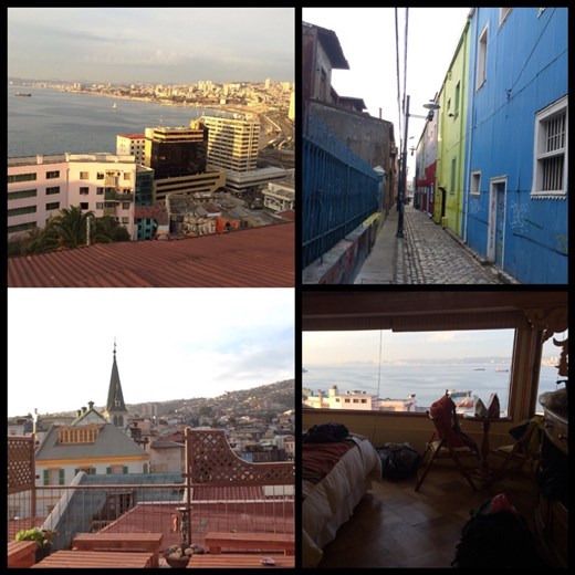 Toutes des photos de notre dernier hôtel à Valpo, sauf en haut à droite qui est une ruelle très colorée et sympa. Comme On peut le remarquer, il y a une superbe vue depuis l'hôtel!