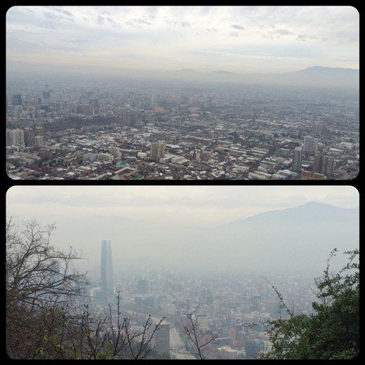 View of the city from the Cerro San Cristobal. Pollution in Santiago is very bad, there is a lot of smog so people are actually happy when it rains because it helps the smog a lot. 