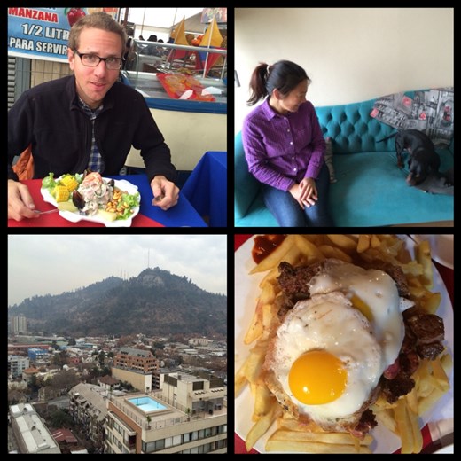 Kurt and his ceviche. Chorillana is a typical fast food meal similar to a poutine. With Mateo at our CS host and awesome view of the Cerro San Cristobal from his apt. 