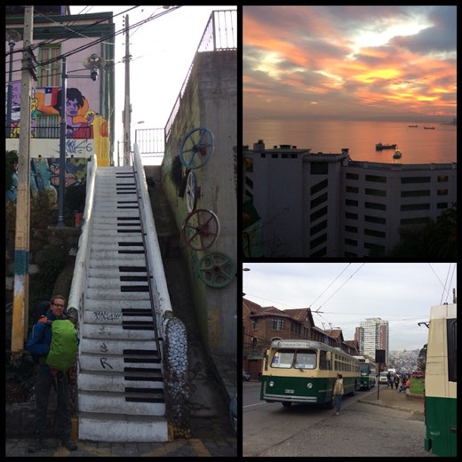 Last moments in Valparaiso: Sunrise from the our hotel room, old tramways as public transportation, more Valpo street art