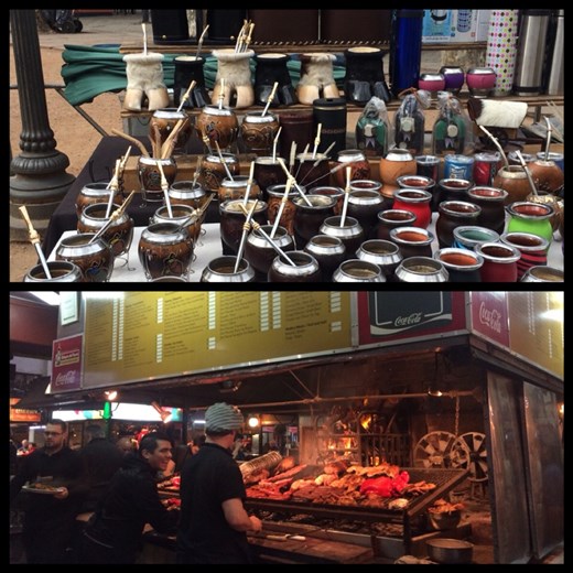 Photo at the top: Uruguayans love their mate, it's a kind of tea they drink in a small mug with a metal straw. They carry it with them EVERYWHERE they go always with a thermos of hot water; funny to see in the streets. Photo at the bottom: asado at the market. 