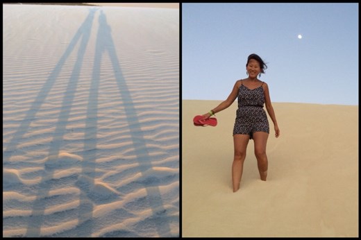 Ombres géantes au coucher du soleil puis descente de la dune de sable - Jeri