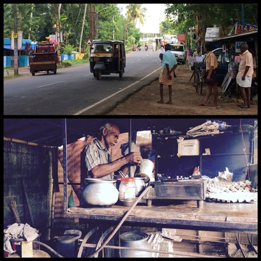 Men are wearing kind of a skirt they can adjust (long or short) because it's too hot and humid. 
Man making masala tea in a very basic tea shop along the road. 