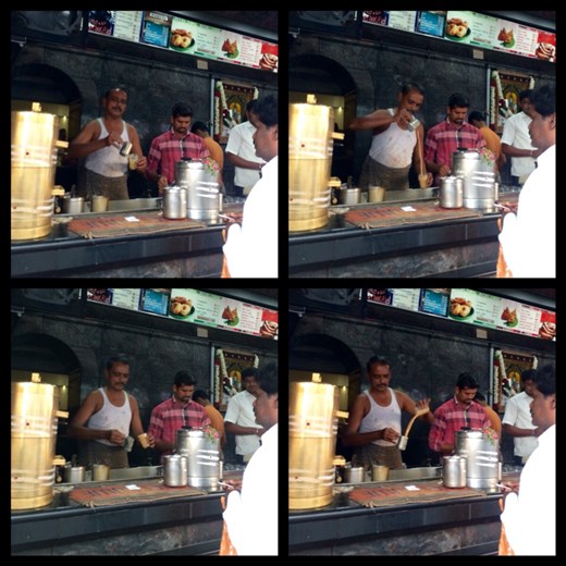 La technique du mélange du Masala  chai qui est un thé épicé au lait et avec beaucoup de sucre, est à chaque fois intéressante à voir. 