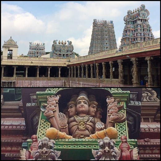 L'ensemble de temples colorés hindous à Madurai et la photo du dessous montre une sculpture qui se trouve sur une de ces tours. 