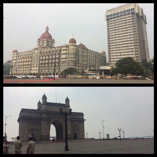 Two of the most famous landmarks in Mumbai. The gateway of India (like the Washington arch in NY or Arc de Triomphe in Paris) and the luxury Taj Mahal hotel
