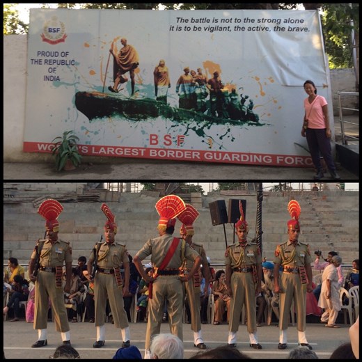 Nous assistons à la fermeture de la frontière indo-pakistanaise en fin de journée. Il s'agit d'un show comme à la télé avec les cris, les applaudissements, la musique pop et traditionnelle, un monsieur au micro, même une batterie live. 