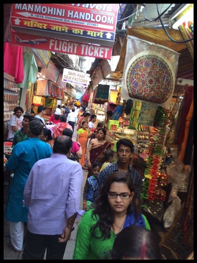 Back alleys of Varanasi near the river. Packed full of people (and cows and motorcycles) day and night. 