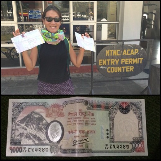 Just received our trekking permits, we are ready to hike in the Himalayas! :-)
Nepal is all about mountains as we can see on the 1000 rupee bill. 