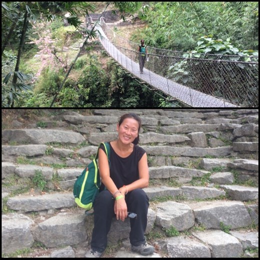 Top; bridge during the trek. Below; AF taking a break during the 4000 