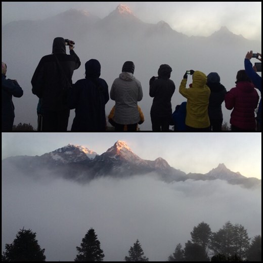 Left at 4:30am (in the dark with a headlamp) for a 1h hike uphill (400m/1200ft altitude difference). Lots of oohs and aahs as the sunrise slowly hit some of the highest peaks in the world. But too many trekkers and really cold - below freezing actually and we didn't bring our Bolivian wool hats!!