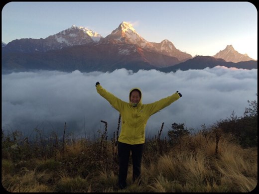 Here AF goes again with arms raised in front of Annapurna South (7200m/23700ft) in the Himalayas!!! :-) That's her way of saying 