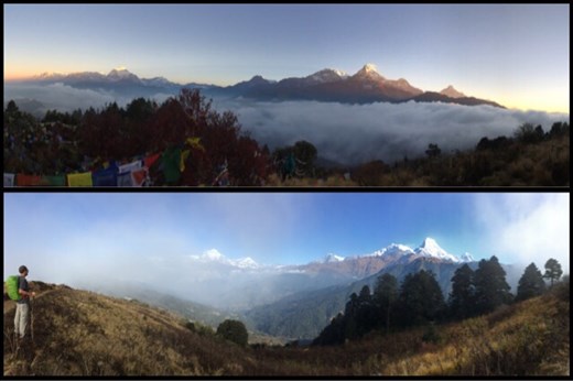 Top; you can see the light of the sunrise slowly hitting he peak of Annapurna south. Bottom; 9am and the last photo we got before it clouded up again. :-(