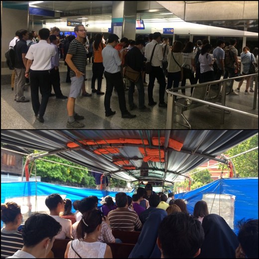 Les thaïlandais sont très disciplinés, ils font la queue pour prendre le métro comme en Corée. La photo du bas a été prise lors d'un trajet en bateau. Les gens prennent le bateau comme ils prennent le métro. 