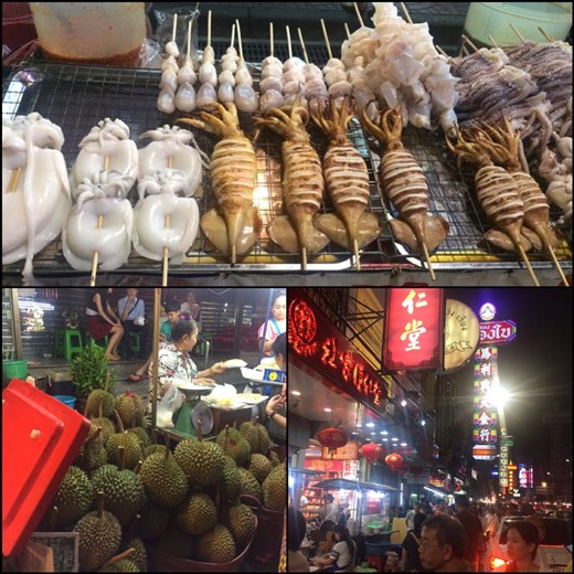 Soirée à Chinatown. C'est la saison du Durian qui est le fruit en bas à gauche vert avec des pics. Il sent très mauvais et on n'a pas osé l'essayer du coup mais à faire prochainement. ;-) 