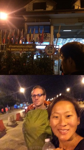 At Thailand immigration at 5 am after a 12h overnight bus. We had walk over the bridge to the other side for Myanmar immigration. 