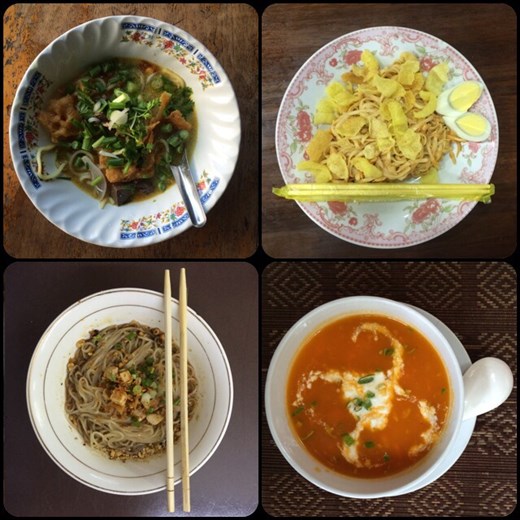 Different kinds of noodles. Shan noodles are a typical dish of Myanmar. The photo on the bottom right side is a papaya soup, it was delicious and very unique. 
