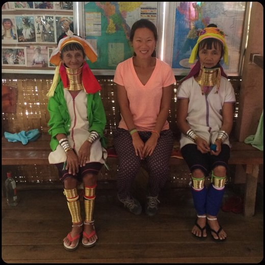 Women wearing (very heavy) brass neck coils. Beauty is in the eye of the beholder! They come from a small ethnic tribe in the east of Myanmar. 