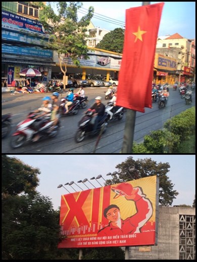 Bienvenue à Saigon! Les scooters et les affiches communistes de partout!!! 