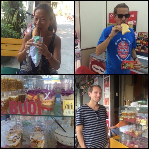 Nous essayons de manger une chose nouvelle chaque jour comme la glace sandwich en forme de poisson, ou le dessert gluant de toutes les couleurs et le fameux Banh Mi dans toutes ses déclinaisons. 