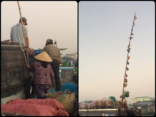 Les fameux marchés flottants du delta du Mékong. Les vendeurs accrochent sur une perche en bambou qui se trouve au devant de leur bateau, les fruits et légumes qu'ils vendent; pas mal pratique! :-)