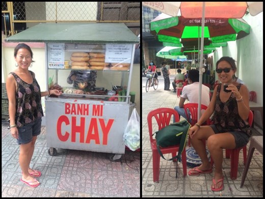 Vietnamese sandwich called Banh Mih and coffee break on children chairs in Nha Trang. 