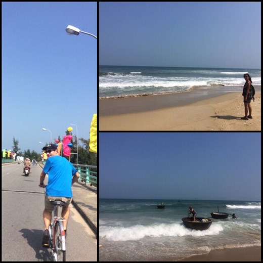 Biking to the beach. Typical fishermen round boats. 