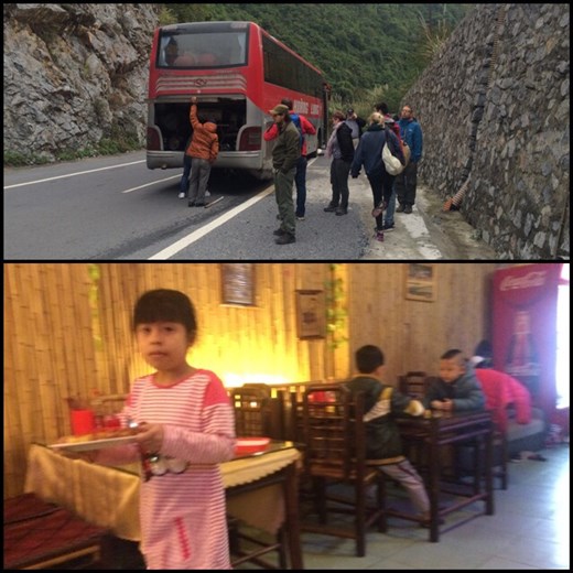 Problème mécanique en route pour Cat Ba. La photo d'en bas montre notre serveuse dans un restaurant à Cat Ba. On peut voir ses deux frères en train de jouer derrière lorsqu'elle 