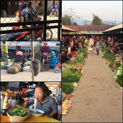 Local daily life in Muang Sing: the mother is missing on the motorbike; yes they can fit twins, another child, the father and the mother on one motorbike! Morning local market: kind of a big rat/marmot on sale for eating; it's not a pet. Noodle soup for breakfast at the local market, not everyday though. ;-) 