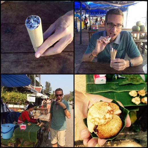 Photos du haut: il s'agit de riz collant sucré dans un morceau de bambou. 
Photos du bas: il s'agit d'un genre de mini gauffre/crêpe. 