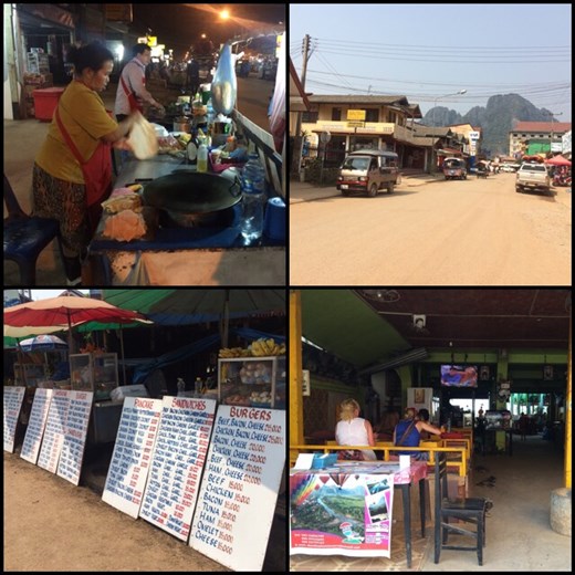 Vang Vieng et ses restaurants avec Friends en boucle, ses vendeurs de bouffe occidentale et ses rues non pavées très poussiéreuses mais avec des montagnes superbes en fond. 