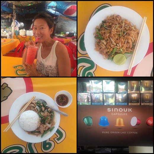 Déjeuner à Vientiane: AF avec un jus de pastèque fraîche, trop bon! Pad thai et poulet au basilic avec du riz, Miam! ;-) Ils font de la contre-façon des capsules Nespresso ici au Laos, dommage qu'on ait pas de place pour en ramener. Hihi