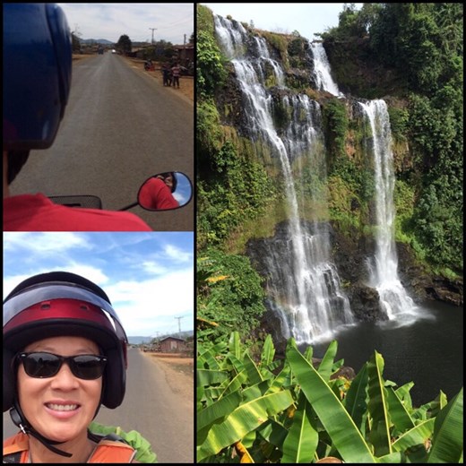 Front Back on the mortorbike. Impressive waterfall like this one on the Bolaven Plateau. 