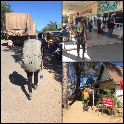 AF walking to the Laotian border with her heavy backpack. AF and her exit ramp from Laos in her passport; so happy no scan this time. Kurt heading to the Thai border 