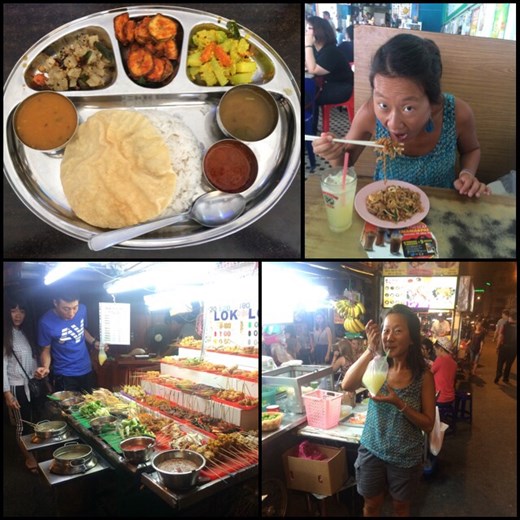 Street food à Georgetown qui se trouve d'ailleurs sur l'île de Penang réputée pour sa nourriture variée et délicieuse. AF et son jus frais de carambole dans un sachet en plastique. 