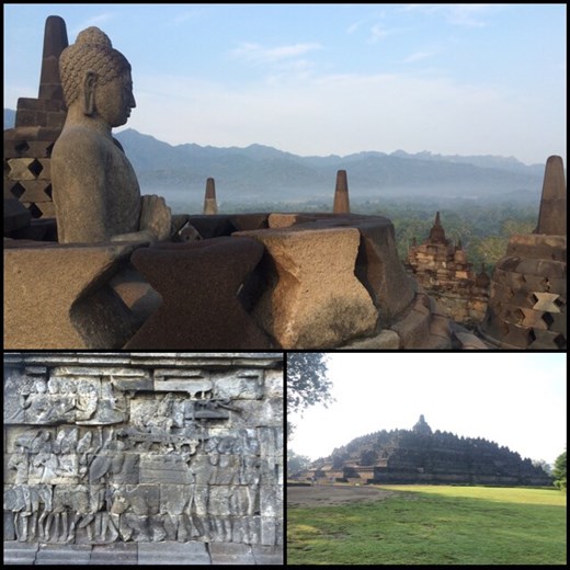 Borobudur, or Barabudur, is a 9th-century Mahayana Buddhist Temple in Magelang, Central Java, Indonesia. The monument consists of nine stacked platforms, six square and three circular, topped by a central dome. The temple is decorated with 2,672 relief panels and 504 Buddha statues. The central dome is surrounded by 72 Buddha statues, each seated inside a perforated stupa.