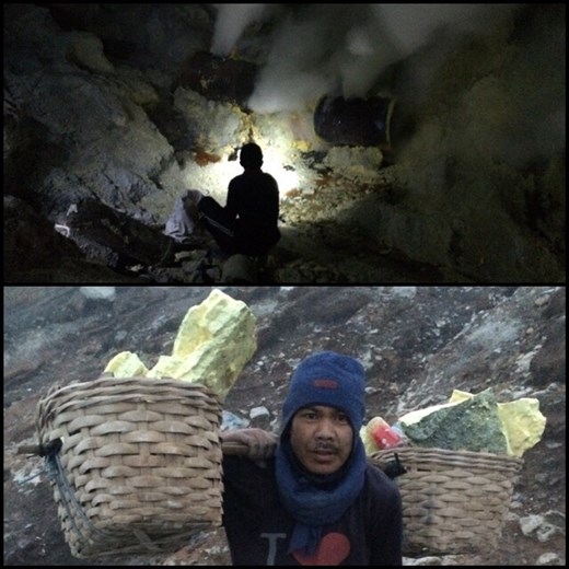The Ijen volcano, which has a one-kilometer-wide turquoise-colored acidic crater lake. The lake is the site of a labor-intensive sulfur mining operation, in which sulfur-laden baskets are carried by hand from the crater floor. The work is paid well considering the cost of living in the area, but is very onerous. Workers earn around Rp 50,000 - 75,000 ($5.50-$8.30) per day and once out of the crater, still need to carry their loads of sulfur chunks about three kilometers to the nearby Paltuding Valley to get paid.