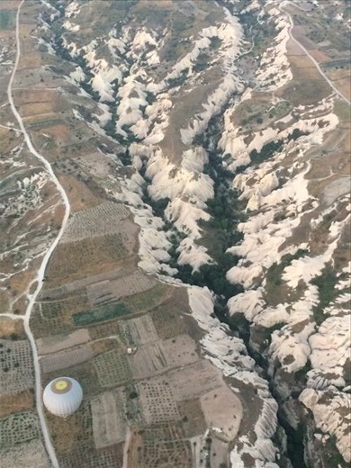Depuis la montgolfière, superbe vue. Au début on avait le vertige puis on s'y est habitué car absorbé par le magnifique lever du soleil. 