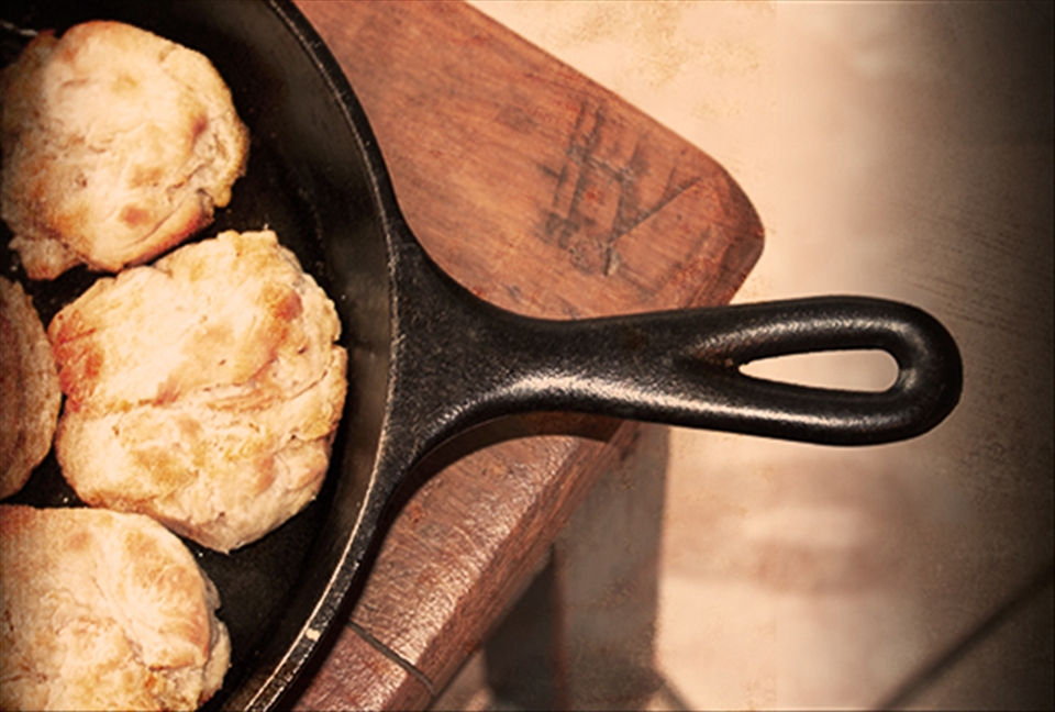 Iron skillet helps brown bottom of biscuits evenly.