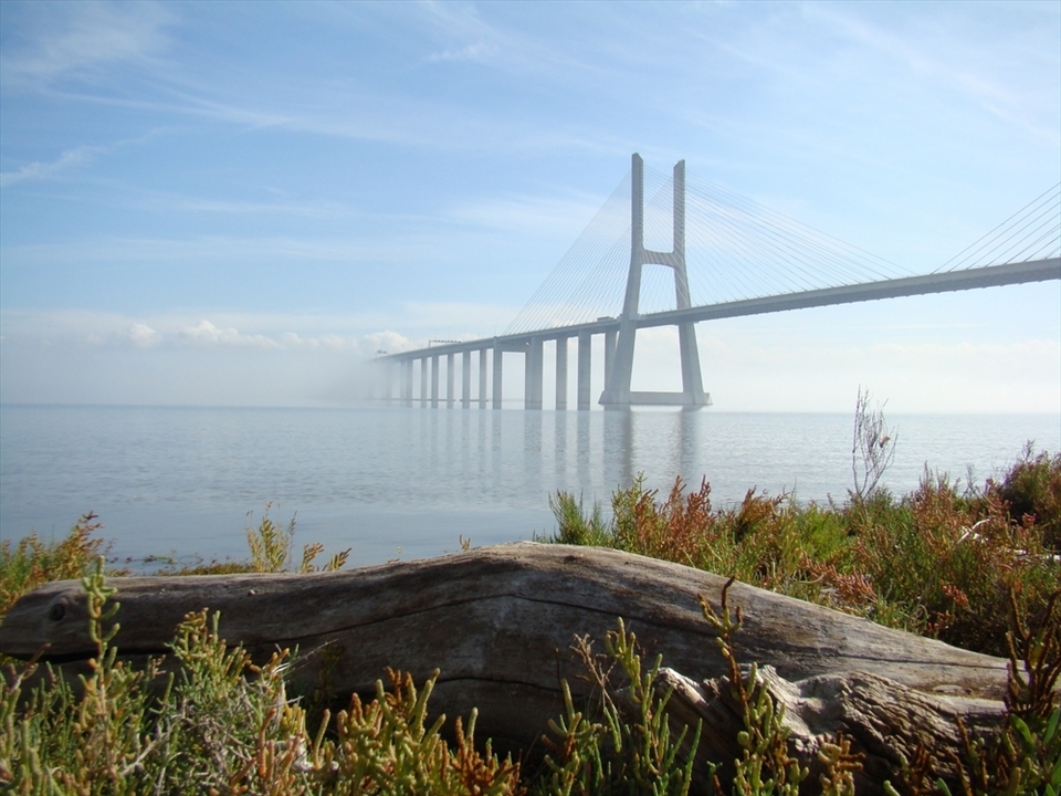 Photo of Parque das Nações at Lisbon-Portugal. This used to be a place where old refineries laboured and where domestic garbage was dumped. The area was completely renewed and is nowadays a big park by river Tagus with lots of residential and migratory birds. This particular shot was taken on a foggy morning, the sun was showing but there was still some mist over the river, making the bridge look like a mirage resting on the river´s surface.