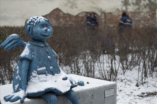 Religious motive has been transformed in this peculiar modern sculpture.