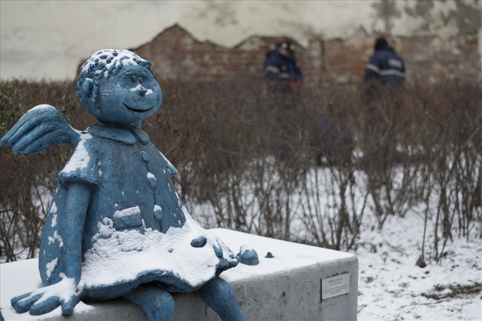 Religious motive has been transformed in this peculiar modern sculpture.