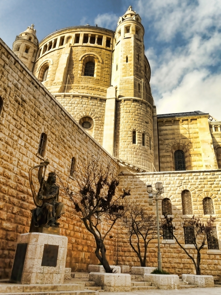 Abbey of the Dormition or Hagia Maria Sion Abbey of the Virgin Mary “protected” by the sculpture of King David.